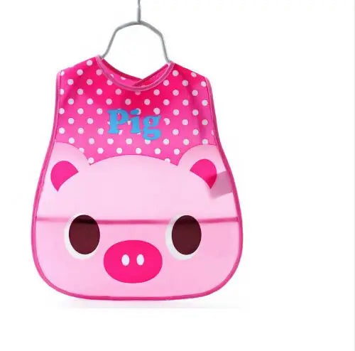 Pink pig-themed wipeable baby bib with a catch-all pocket for weaning toddlers