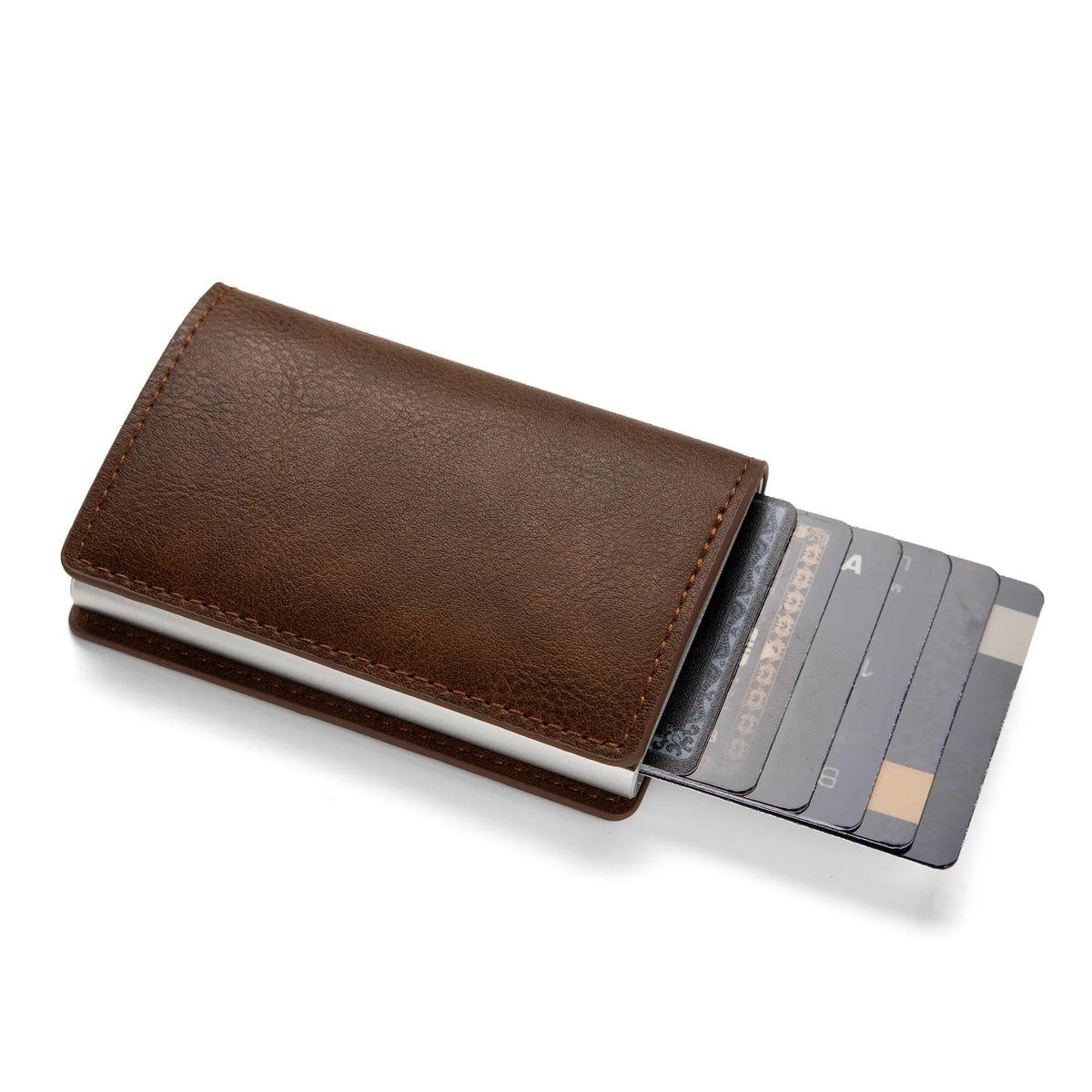A brown leather card holder with a sliding sleeve displaying several credit cards.