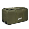 Olive green heavy-duty waterproof travel duffel bag with the word SPORT printed on it.