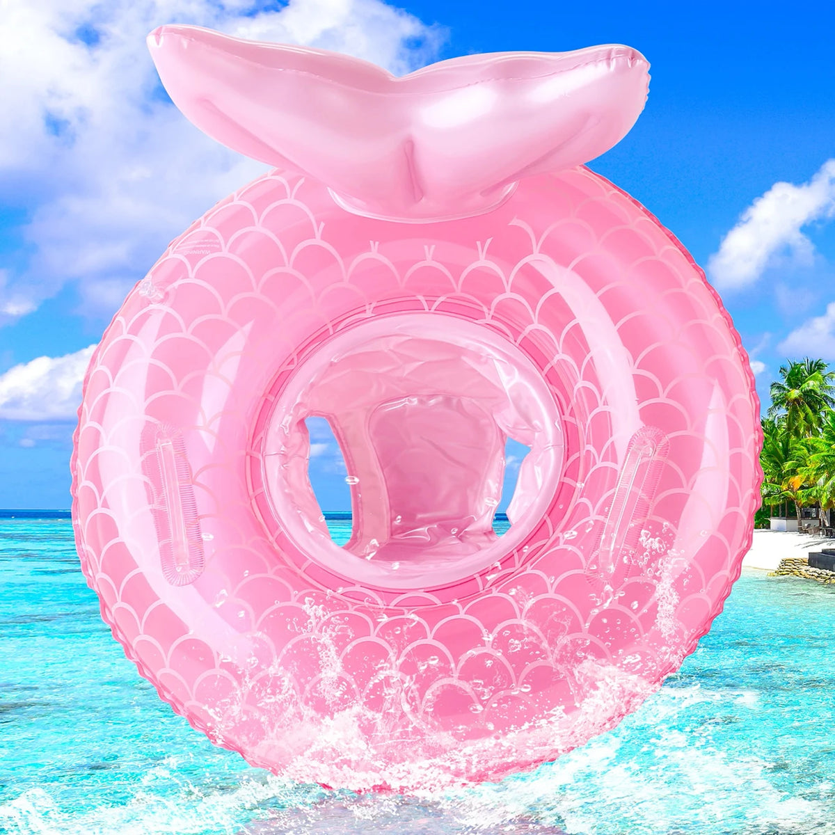 A pink inflatable swim ring is splashing water in clear blue tropical ocean water under a bright sky.