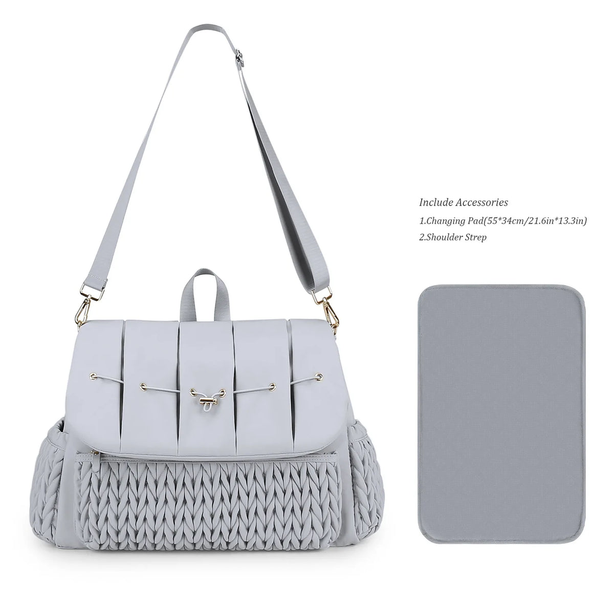 A light gray quilted diaper bag with a woven texture and included accessories.