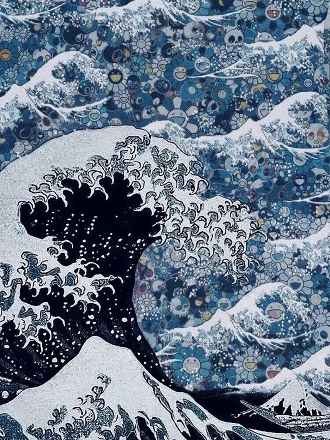 A diamond painting depicting a powerful wave crashing against a snowy mountain backdrop with a starry night sky.