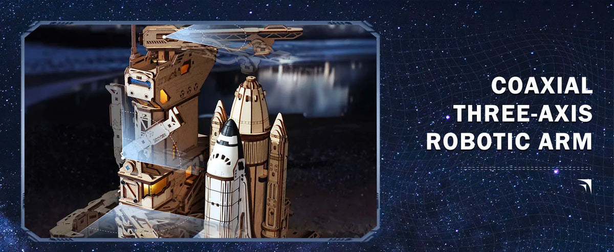 A detailed model of a space shuttle is shown with a coaxial three-axis robotic arm in a dark, starry environment.