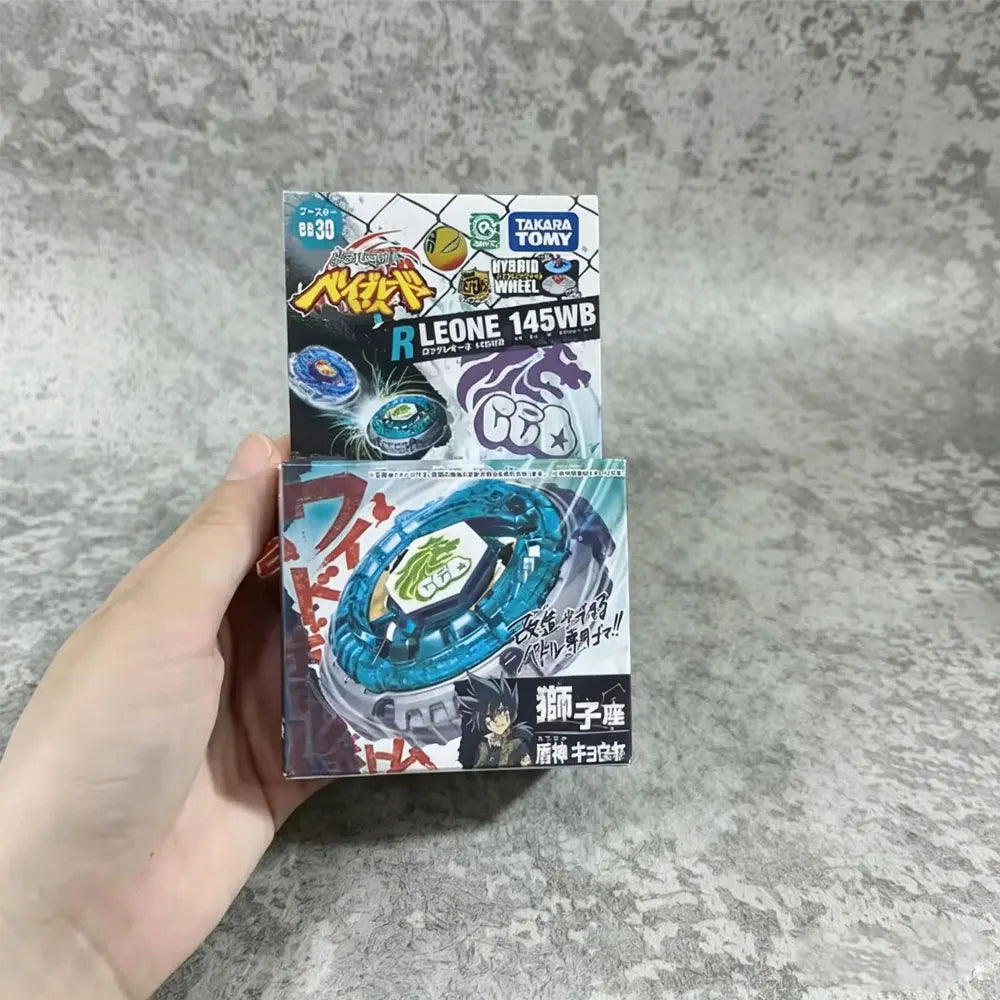 A box of Metal Fight Beyblade Rock Leone 145WB featuring a blue and green spinning top.