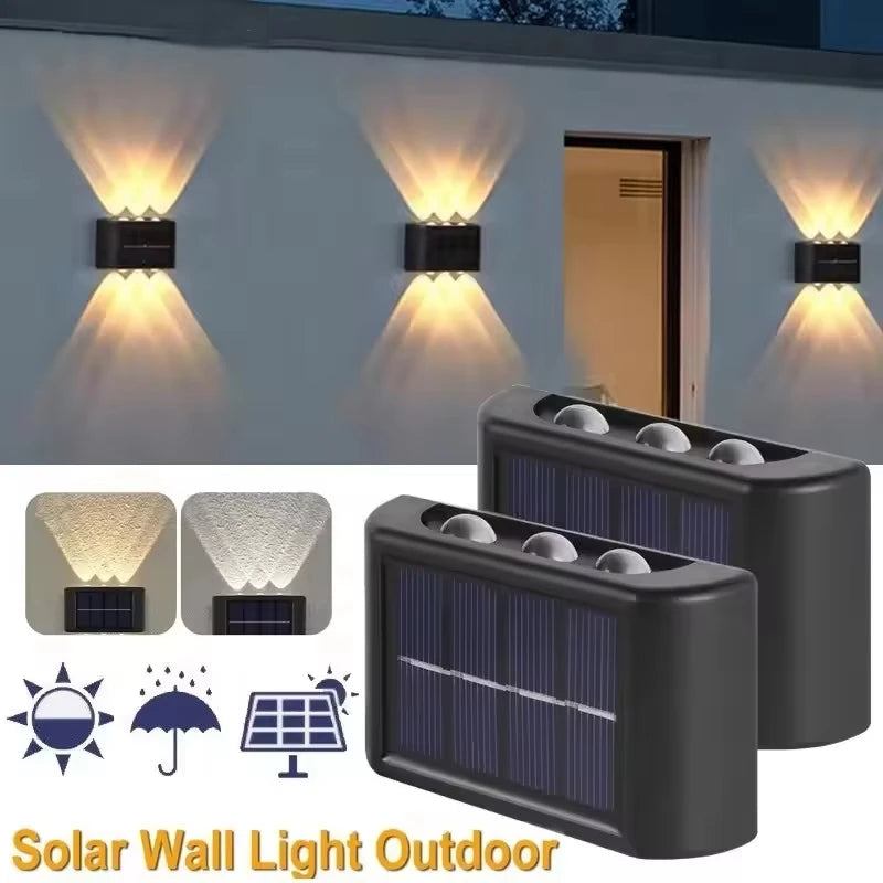 Outdoor solar wall light fixtures illuminating a wall, shown in various angles and configurations.
