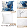 Front and back views of a blue and white abstract leaf print pillow cover with an invisible zipper and line leveling.