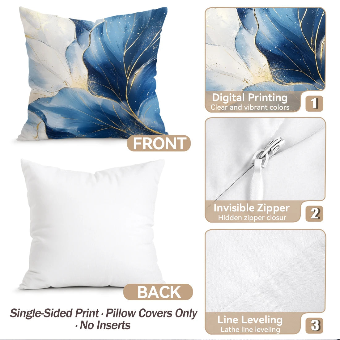 Front and back views of a blue and white abstract leaf print pillow cover with an invisible zipper and line leveling.
