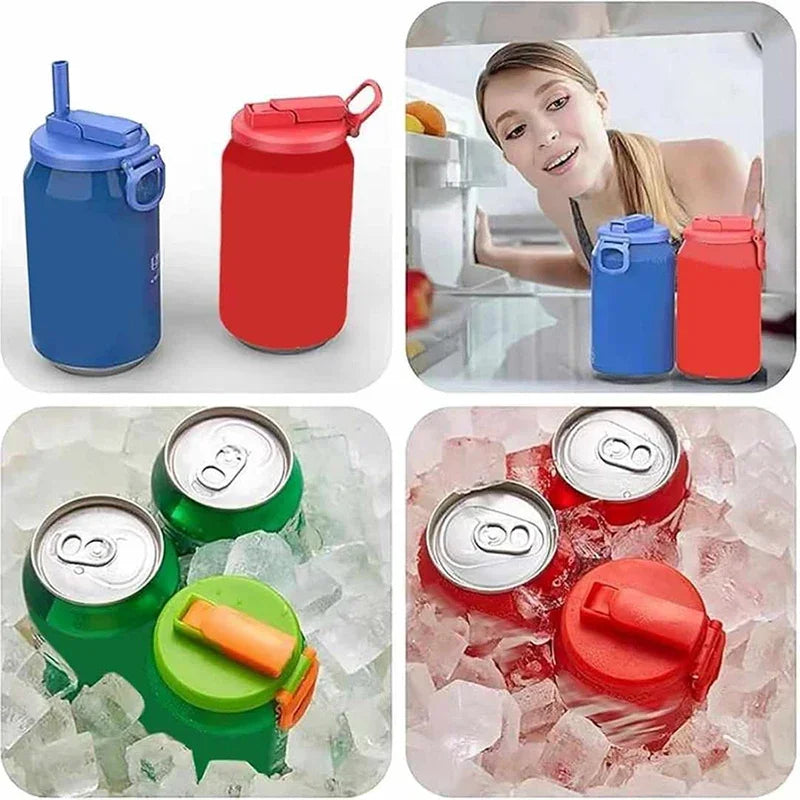 Reusable silicone can lid with straw for soda beer and juice shown in various colors and contexts