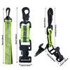 A set of black versatile glove and item clips with green accents shown in various configurations.