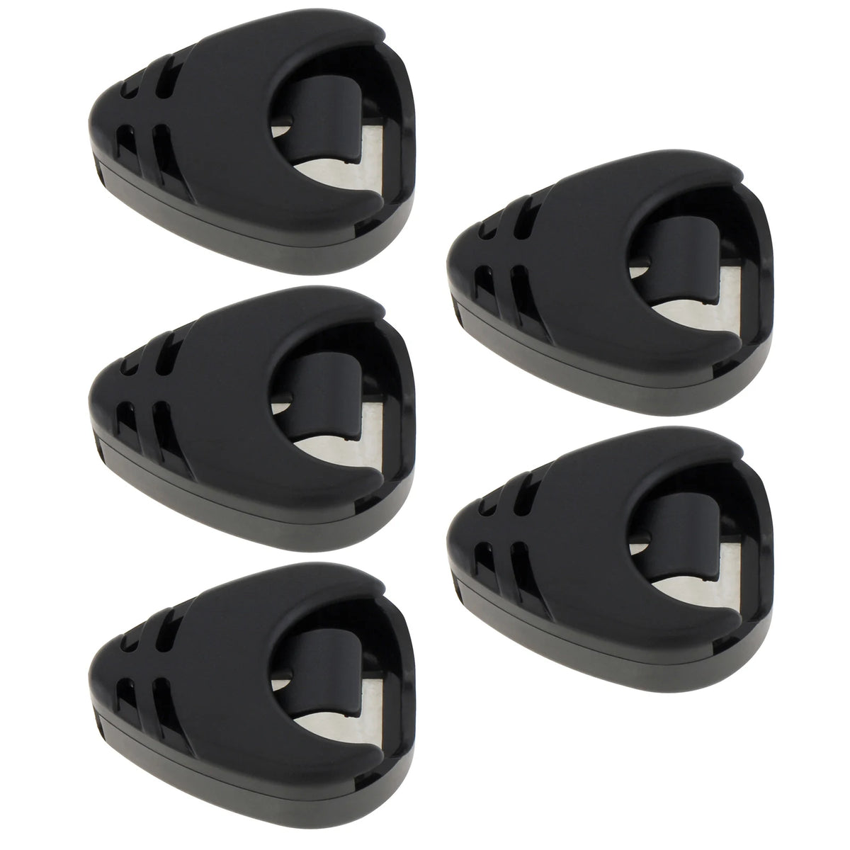 Four black adhesive guitar pick holders designed to secure and store celluloid picks.