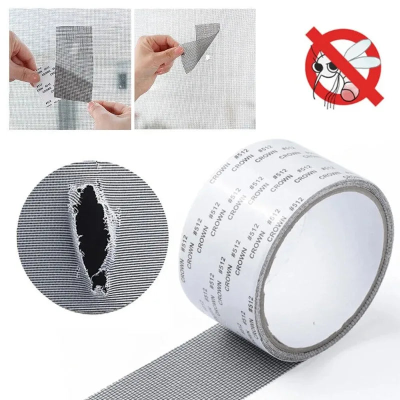 Self-adhesive fiberglass screen repair patches shown in various applications and a roll of the product.