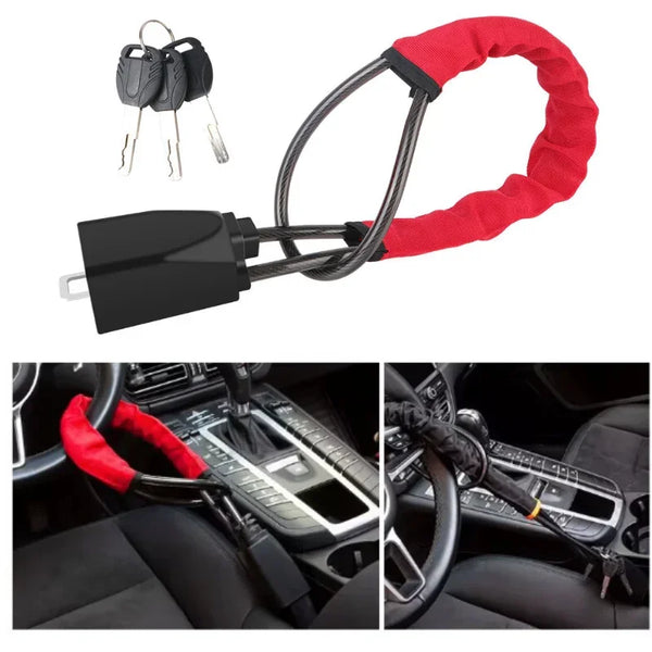 A red anti-theft steering wheel lock with a black connector and mounting mechanism shown in detail.