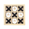 A wooden tic tac toe game set with twelve wooden pieces, eight black Xs and four white O's, arranged in a grid.