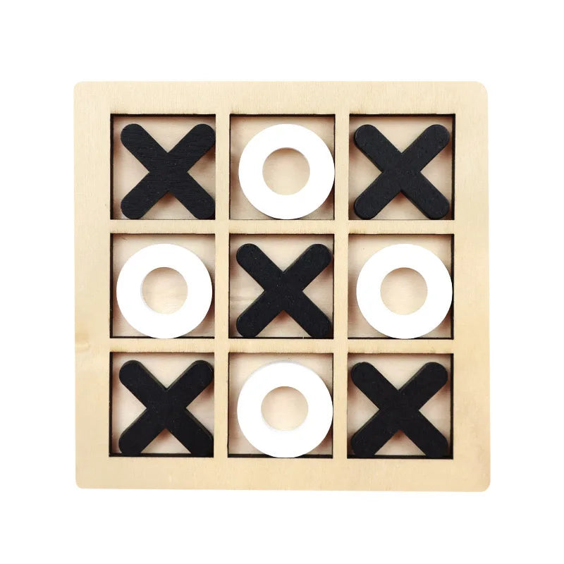A wooden tic tac toe game set with twelve wooden pieces, eight black Xs and four white O's, arranged in a grid.