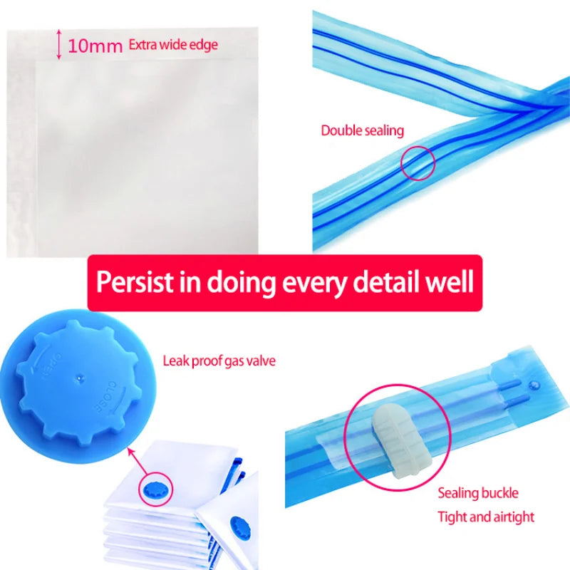 Blue vacuum storage bags with a leak proof gas valve and sealing buckle for space-saving organization