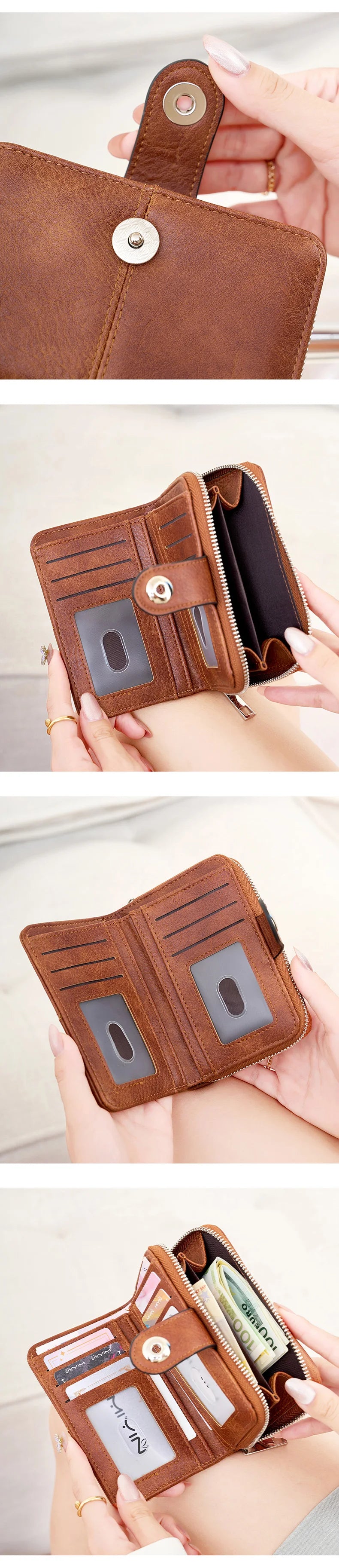 A brown leather wallet with a zipper closure and RFID blocking features is shown being held by a hand.
