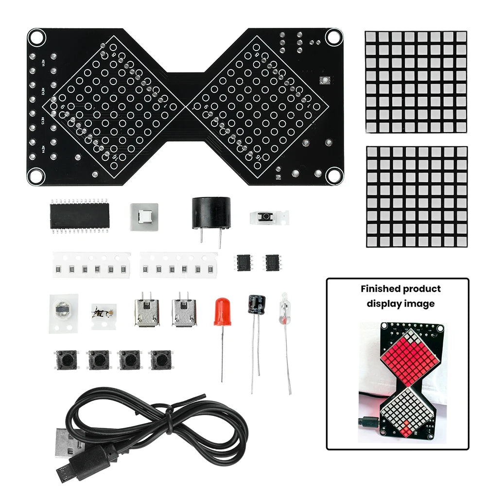 A soldering kit for an LED matrix digital hourglass featuring circuit boards, components, and wiring.
