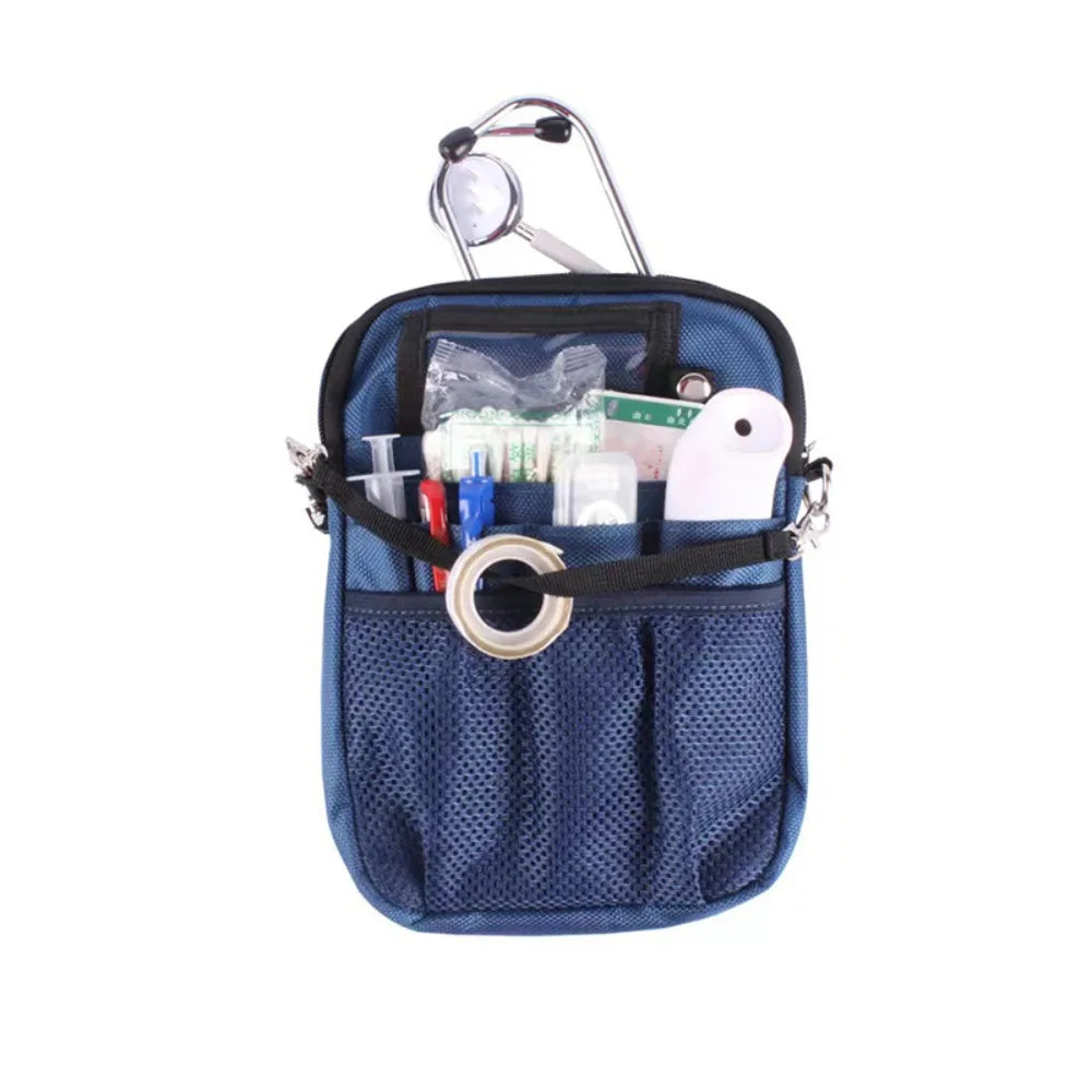 Blue multi-pocket crossbody fanny pack designed for nurses with various tools and supplies inside