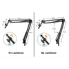 Two adjustable metal cantilever phone stands showing 180 degree tilt angles and 35cm reach.