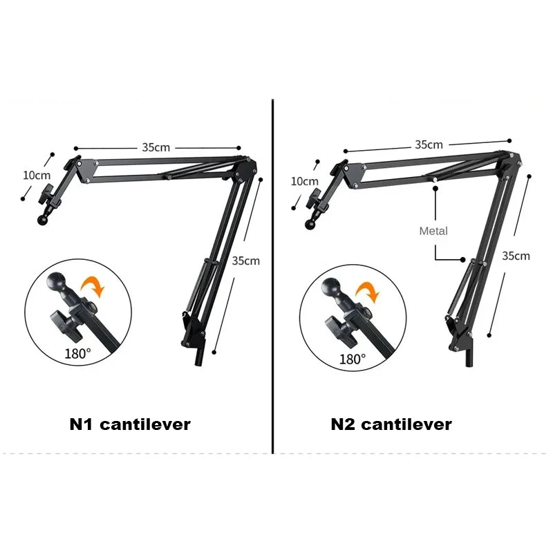 Two adjustable metal cantilever phone stands showing 180 degree tilt angles and 35cm reach.