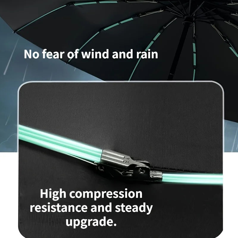 Close-up of a black windproof umbrella showing a silver compression mechanism with a bright green light.