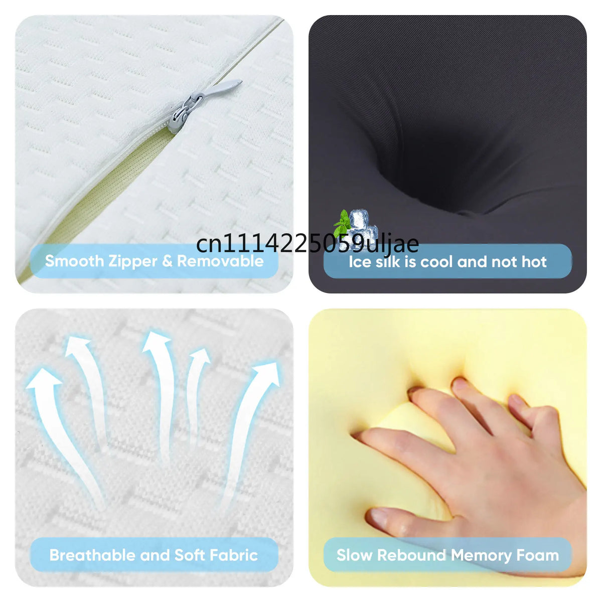 Ergonomic memory foam pillow with an ice silk cover showing a smooth zipper, breathable fabric, and slow rebound foam.