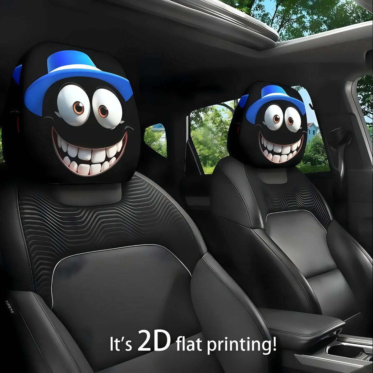Two black car headrest covers with blue hats and smiling faces are shown inside a car.