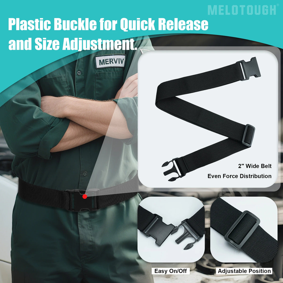 A black plastic buckle belt is shown being used for quick release and size adjustment.
