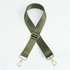 Olive green nylon bag strap with a gold buckle and metal clasps
