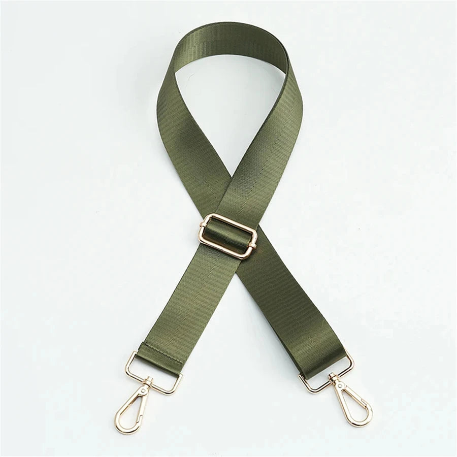 Olive green nylon bag strap with a gold buckle and metal clasps