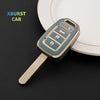 A teal key fob cover with three buttons is shown resting on a white plate.