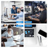 A collage showing people using a large gaming mouse pad with vintage city road design in office, gaming, and home settings.