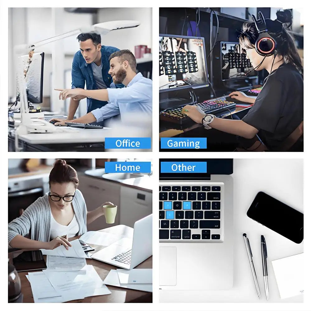 A collage showing people using a large gaming mouse pad with vintage city road design in office, gaming, and home settings.