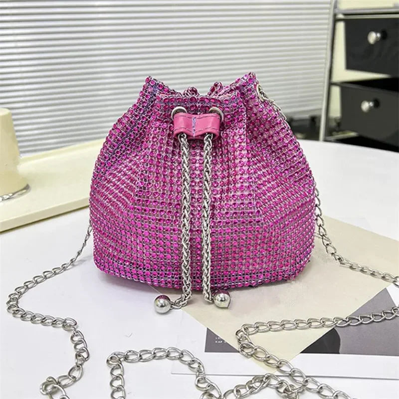 Rhinestone Bucket Crossbody Bag with Detachable Chain Strap