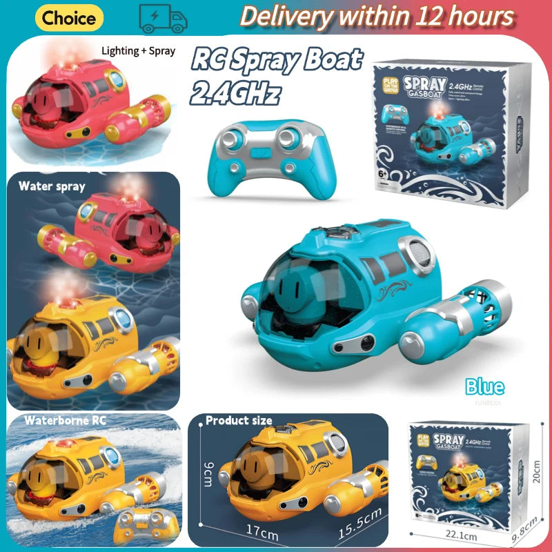 A collection of RC spray boats in various colors and sizes, including a blue model, yellow model, and an orange model.