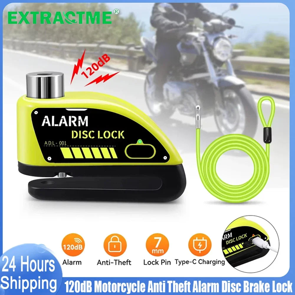 Yellow motorcycle disc brake lock with a loud 120dB alarm and a green charging cable