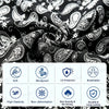 Black patterned neck gaiter fabric showing various features like softness, windproof, UV protection, elasticity, and durabili