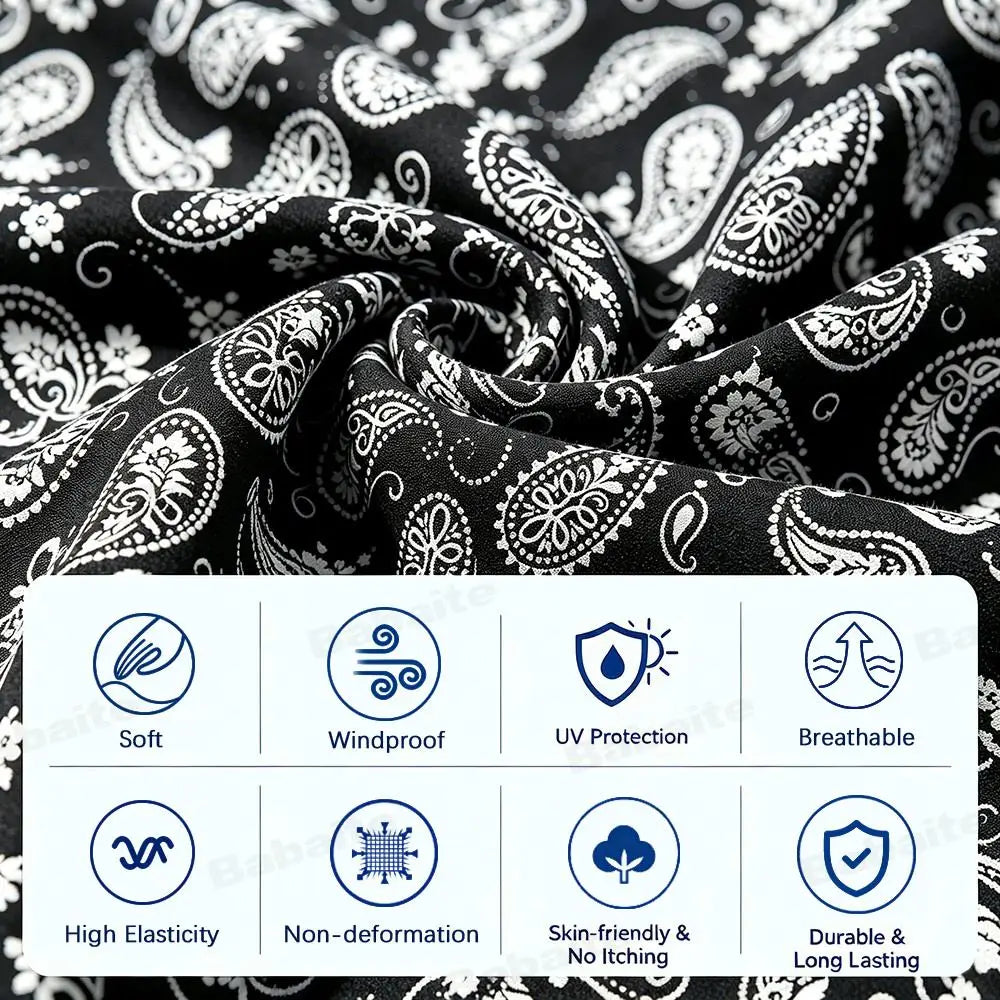 Black patterned neck gaiter fabric showing various features like softness, windproof, UV protection, elasticity, and durabili
