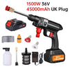 A black cordless high pressure car wash gun with a red foam generator and accessories for UK plug.