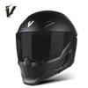 A black full-face motorcycle helmet with a clear visor and ventilation features is shown from the front.