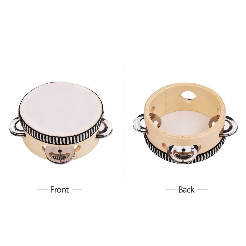 Compact Wooden Hand Tambourine with Metal Jingles