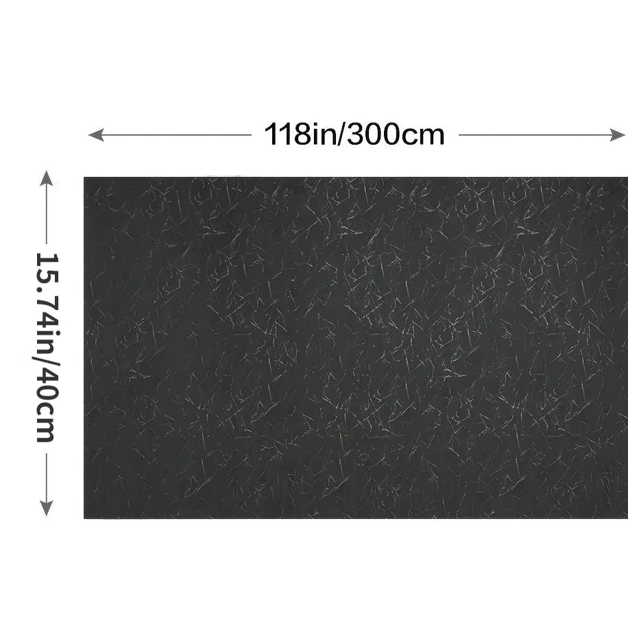 Black self-adhesive wallpaper roll measuring 118 inches by 15.74 inches.