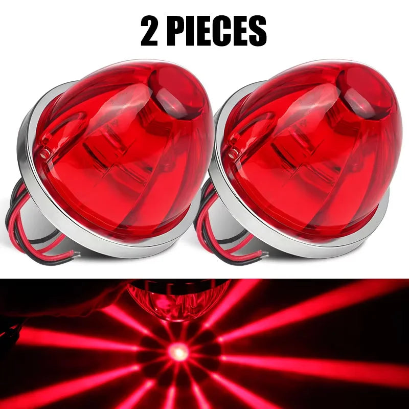 Two waterproof LED side marker lights shown with a close-up of the light beam pattern.