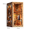 A wooden DIY book nook kit featuring a detailed 3D puzzle bookshelf insert with decorative elements.