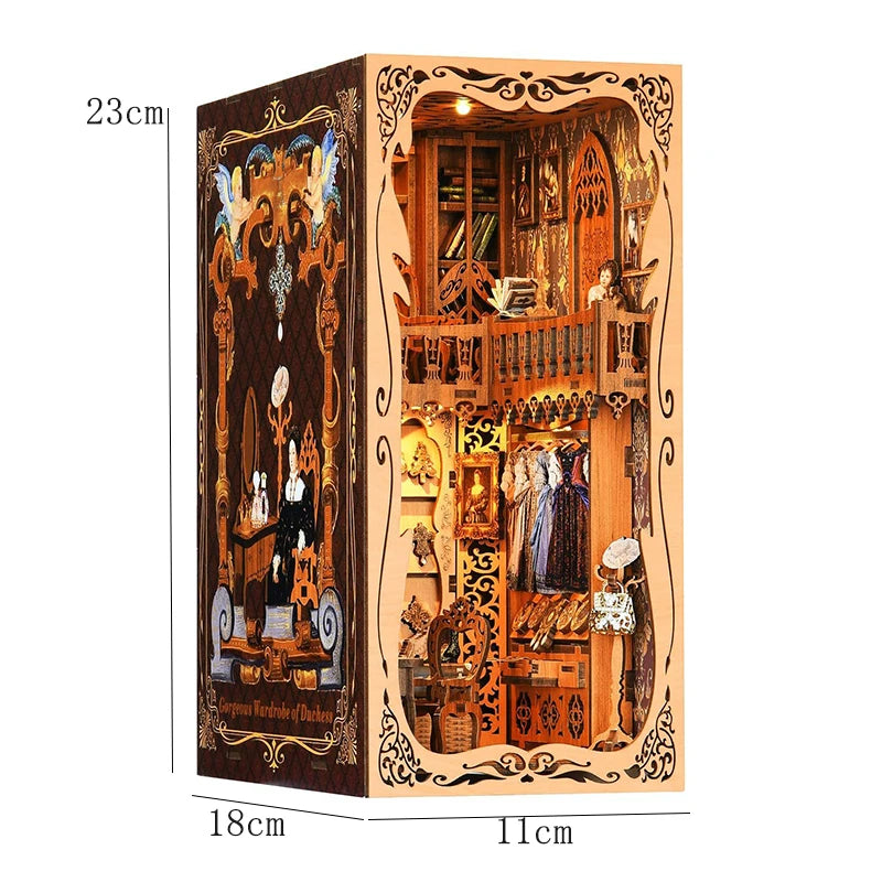 A wooden DIY book nook kit featuring a detailed 3D puzzle bookshelf insert with decorative elements.