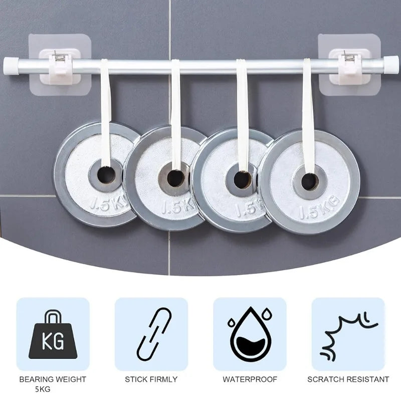 Silver curtain rod hooks with 5kg capacity and adhesive mounts for no-drill wall installation