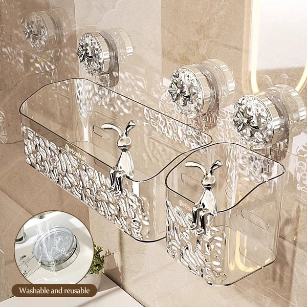 Clear glass storage baskets with a water ripple design featuring metal fixtures mounted on a wall.