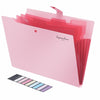 A pink accordion document folder with a clear plastic sleeve and a color palette strip.