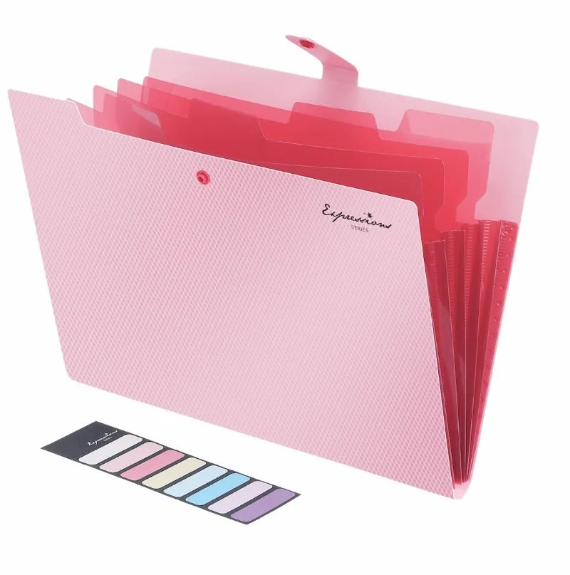 A pink accordion document folder with a clear plastic sleeve and a color palette strip.