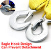 Silver eagle hook design can prevent detachment on a yellow tow strap.